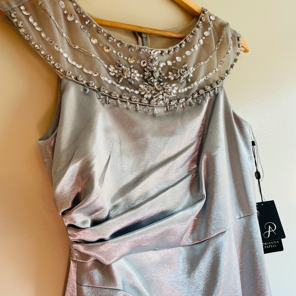 NWT ADRIANNA PAPELL SILVER beaded mesh icy silver mint maxi NEW size 4